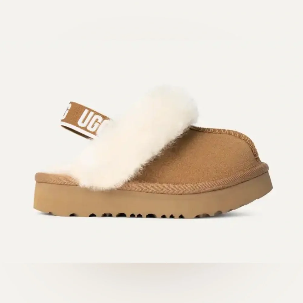 UGG Chestnut and Shearling Slide Slippers with White Fur Trim